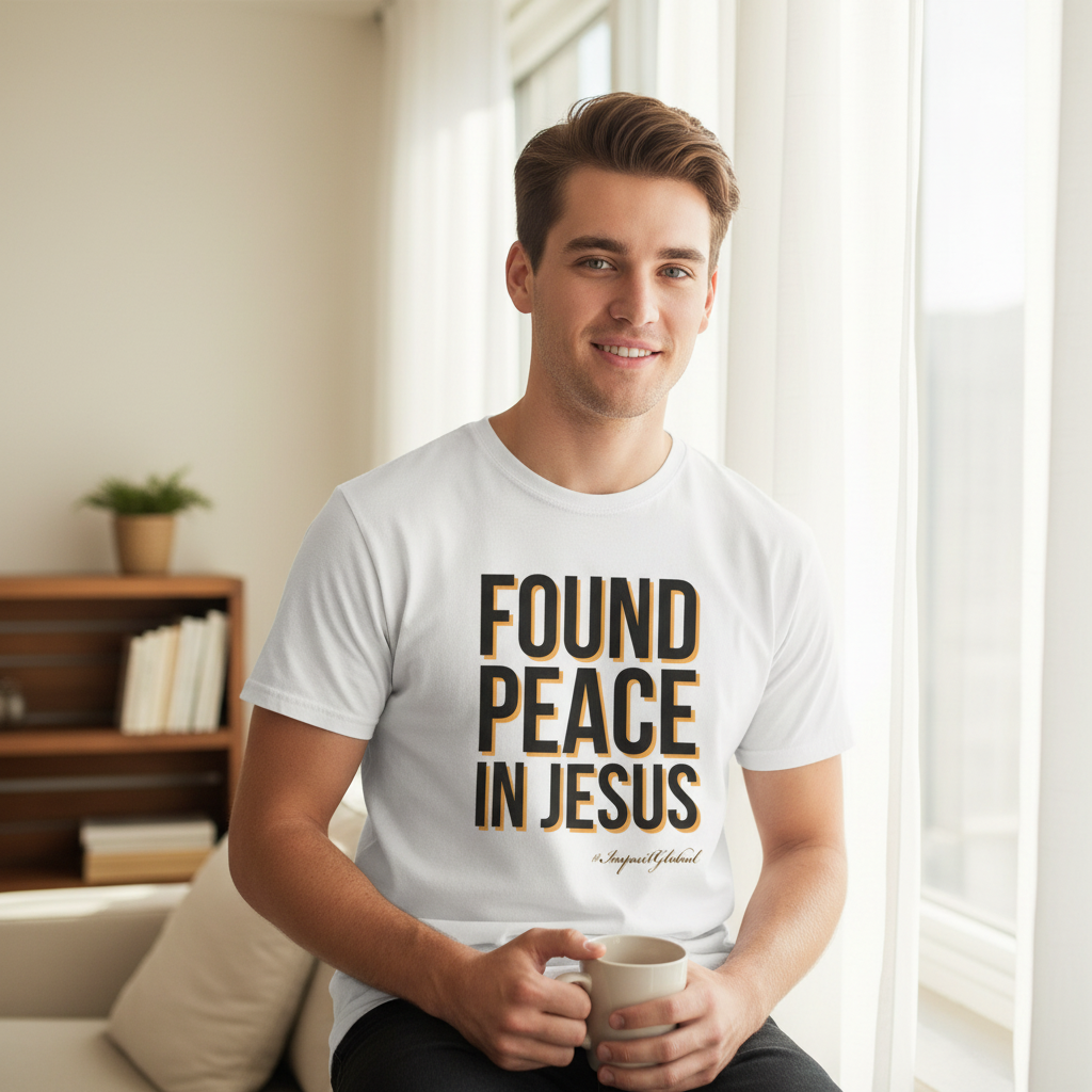 Person wearing white Found Peace in Jesus t-shirt