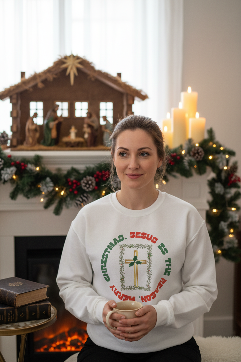 Person wearing White Jesus Is The Reason Sweatshirt