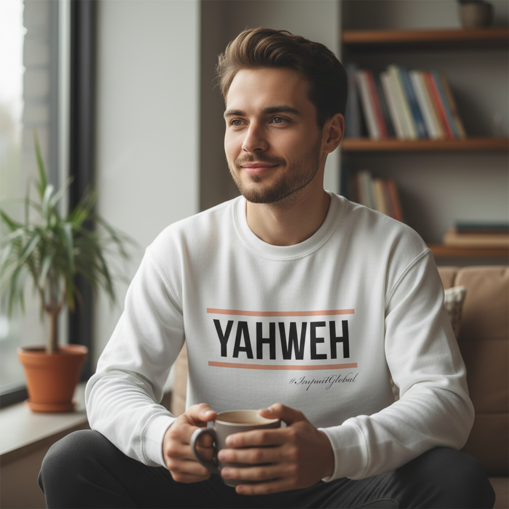 Person wearing white YAHWEH sweatshirt