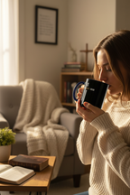 Person with Navy Mug