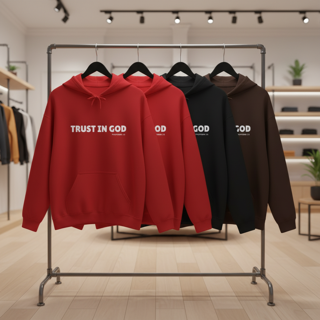 Trust in God hoodies on retail rack