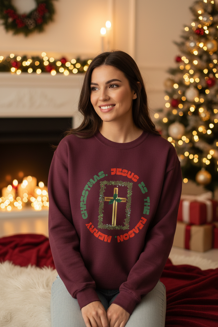 Woman wearing Burgundy/Maroon Jesus Is The Reason Sweatshirt