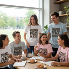 Young adults in Found Peace in Jesus t-shirts together