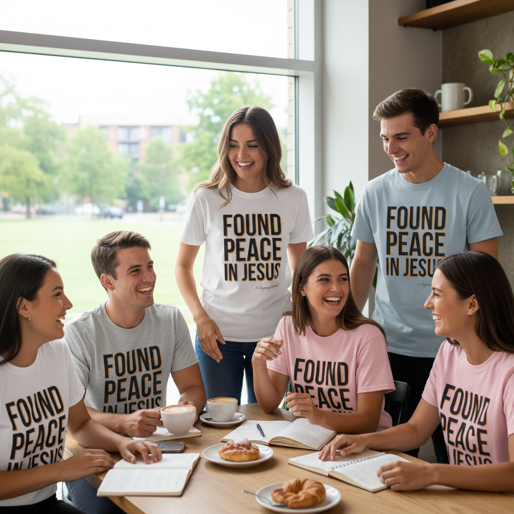 Young adults in Found Peace in Jesus t-shirts together